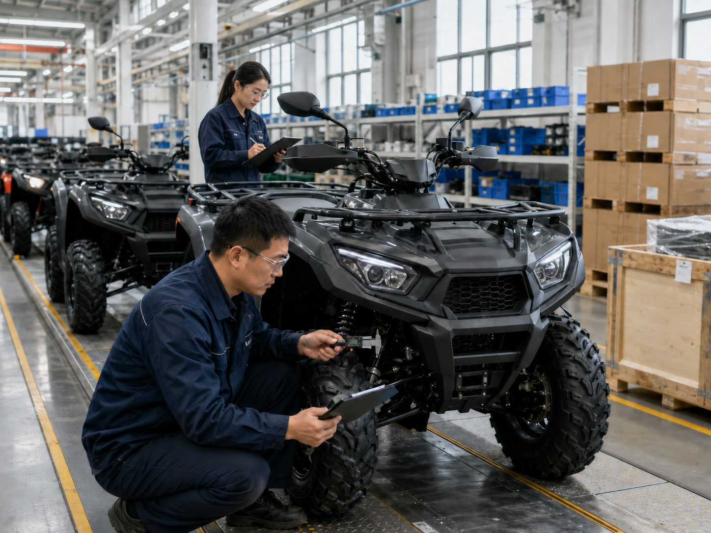 Technicians inspecting a DOBO ATV during production quality control